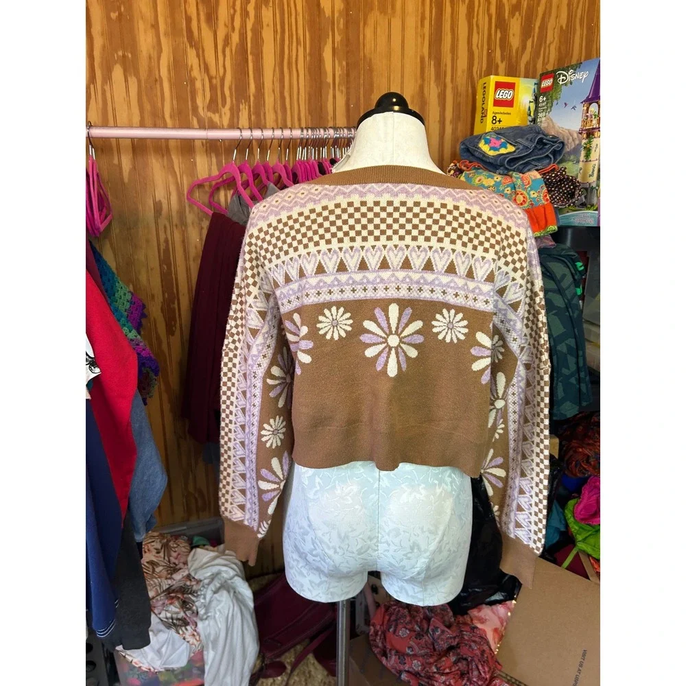 Altar'd State Brown Floral Checkerboard Cropped Sweater Boho Retro Sz M - Picture 5 of 8